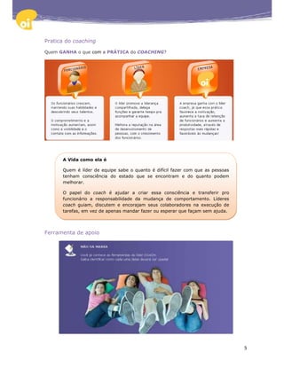 Pratica do coaching

Quem GANHA o que com a PRÁTICA do COACHING?




      A Vida como ela é

      Quem é líder de equipe sabe o quanto é difícil fazer com que as pessoas
      tenham consciência do estado que se encontram e do quanto podem
      melhorar.

      O papel do coach é ajudar a criar essa consciência e transferir pro
      funcionário a responsabilidade da mudança de comportamento. Líderes
      coach guiam, discutem e encorajam seus colaboradores na execução de
      tarefas, em vez de apenas mandar fazer ou esperar que façam sem ajuda.




Ferramenta de apoio




                                                                                5
 