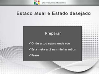 Preparar
Onde estou e para onde vou
Esta meta está nas minhas mãos
Prazo
Estado atual e Estado desejado
 