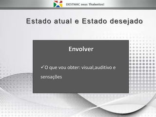 Envolver
O que vou obter: visual,auditivo e
sensações
Estado atual e Estado desejado
 