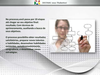 No processo,você passa por 10 etapas
até chegar ao seu objetivo final:
resultado; Com técnicas de
aprimoramento, auxiliando a busca de
seus objetivos.
O processo possibilita obter resultados
satisfatórios, preparar novos talentos
e habilidades, desenvolver habilidades
existentes, autodesenvolvimento,
congruência, e desenvolver novas
estratégias.
 