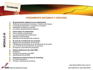 ContenidoPENSAMIENTO SISTEMICO Y COACHING1. El pensamiento sistémico en la organización.Sistemas de pensamiento simples y  sistemas del equipoLa red de pensamientos y acciones en el equipoEstabilidad, resistencia y cambio Las claves del pensamiento sistémico2.Cómo lograr el compromiso.Cómo acordar compromisosLos componentes del compromisoPedidos y ofrecimientosGeneración del ambiente de confianza3.El ciclo de coordinación de acciones.Etapas de la coordinación de accionesPredisposición actitudinal en la coordinación de accionesLos 10 retos de la coordinación de accionesEl reclamo como elemento productivoRutinas defensivas del callar RDC.El silencio.Factores que generan las RDCIdentificación de las RDCPrácticas de intervenciones de CoachingEl coaching directivoProceso y prácticas de coachingMÓDULO IIIwww.desarrollohumano.org.mx(55) 5393 8474 / (55) 5393 8304