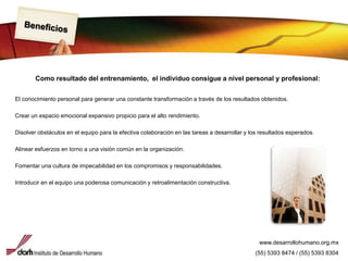 BeneficiosComo resultado del entrenamiento,  el individuo consigue a nivel personal y profesional: El conocimiento personal para generar una constante transformación a través de los resultados obtenidos.Crear un espacio emocional expansivo propicio para el alto rendimiento.Disolver obstáculos en el equipo para la efectiva colaboración en las tareas a desarrollar y los resultados esperados.Alinear esfuerzos en torno a una visión común en la organización.Fomentar una cultura de impecabilidad en los compromisos y responsabilidades.Introducir en el equipo una poderosa comunicación y retroalimentación constructiva.www.desarrollohumano.org.mx(55) 5393 8474 / (55) 5393 8304