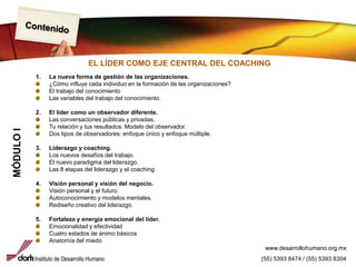 ContenidoEL LÍDER COMO EJE CENTRAL DEL COACHINGLa nueva forma de gestión de las organizaciones.¿Cómo influye cada individuo en la formación de las organizaciones?El trabajo del conocimientoLas variables del trabajo del conocimiento.2.	El líder como un observador diferente.Las conversaciones públicas y privadas,Tu relación y tus resultados: Modelo del observador.Dos tipos de observadores: enfoque único y enfoque múltiple.3. 	Liderazgo y coaching.Los nuevos desafíos del trabajo. El nuevo paradigma del liderazgo.Las 8 etapas del liderazgo y el coaching4. 	Visión personal y visión del negocio.Visión personal y el futuro.Autoconocimiento y modelos mentales. Rediseño creativo del liderazgo.5. 	Fortaleza y energía emocional del líder.Emocionalidad y efectividad Cuatro estados de ánimo básicosAnatomía del miedoMÓDULO Iwww.desarrollohumano.org.mx(55) 5393 8474 / (55) 5393 8304