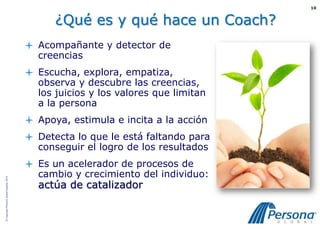 10


                                                ¿Qué es y qué hace un Coach?
                                           Acompañante y detector de
                                            creencias
                                           Escucha, explora, empatiza,
                                            observa y descubre las creencias,
                                            los juicios y los valores que limitan
                                            a la persona
                                           Apoya, estimula e incita a la acción
                                           Detecta lo que le está faltando para
                                            conseguir el logro de los resultados
                                           Es un acelerador de procesos de
                                            cambio y crecimiento del individuo:
© Copyright Persona Global España, 2010




                                            actúa de catalizador
 