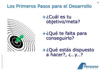 11


                                          Los Primeros Pasos para el Desarrollo

                                                         ¿Cuál es tu
                                                          objetivo/meta?

                                                         ¿Qué te falta para
                                                          conseguirlo?

                                                         ¿Qué estás dispuesto
                                                          a hacer?, ¿…y…?
© Copyright Persona Global España, 2010
 