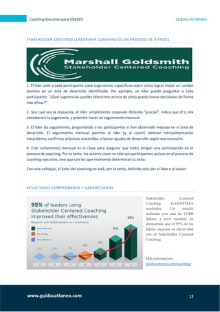 12
Coaching Ejecutivo para LÍDERES
www.guidocattaneo.com
STAKEHOLDER-CENTERED LEADERSHIP COACHING ES UN PROCESO DE 4 PASOS
1. El líder pide a cada participante clave sugerencias específicas sobre cómo lograr mejor un cambio
positivo en un área de desarrollo identificada. Por ejemplo, un líder puede preguntar a cada
participante: "¿Qué sugerencias puedes ofrecerme acerca de cómo puedo tomar decisiones de forma
más eficaz?".
2. Sea cual sea la respuesta, el líder simplemente responde diciendo "gracias", indica que él o ella
considerará la sugerencia, y promete hacer un seguimiento mensual.
3. El líder da seguimiento, preguntando a los participantes si han observado mejoras en el área de
desarrollo. El seguimiento mensual permite al líder (y al coach) obtener retroalimentación
instantánea, confirmar prácticas sostenidas, o lanzar ajustes de desarrollo según sea necesario.
4. Este compromiso mensual es la clave para asegurar que todos tengan una participación en el
proceso de coaching. Por lo tanto, los actores clave no sólo son participantes activos en el proceso de
coaching ejecutivo, sino que son los que realmente determinan su éxito.
Con este enfoque, el éxito del coaching no está, por lo tanto, definido solo por el líder o el coach.
RESULTADOS COMPROBADOS Y GARANTIZADOS
Stakeholder Centered
Coaching GARANTIZA
resultados. Un estudio
realizado con más de 11000
líderes, a nivel mundial, ha
demostrado que el 95% de los
líderes mejoran su efectividad
con el Stakeholder Centered
Coaching.
Más información:
guidocattaneo.com/coaching/
 
