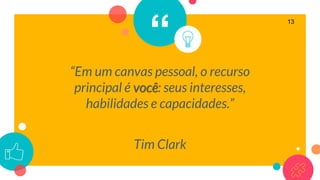 “
“Em um canvas pessoal, o recurso
principal é você: seus interesses,
habilidades e capacidades.”
Tim Clark
13
 