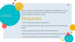 CANAIS
São os canais de comunicação, divulgação, distribuição, etc. Se as
pessoas não te conhecem, não saberão te encontrar. Como as
pessoas podem ter acesso a você.
» Como as pessoas podem te descobrir?
» Como as pessoas podem saber se você atende as necessidades
delas?
» O que as pessoas buscam que você pode oferecer?
» Qual a garantia que você oferece para as pessoas que ajuda?
» Como você sabe que as pessoas ficaram satisfeitas?
29
Perguntas
 