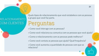 RELACIONAMENTO
COM CLIENTES
Quais tipos de relacionamento que você estabelece com as pessoas
e grupos que você faz parte.
» Como você interage com as pessoas?
» Como você relaciona ou comunica com as pessoas que você ajuda?
» Como o relacionamento com as pessoas pode melhorar?
» Como você contata as pessoas que ajuda? Qual frequência?
» Como você aumenta a quantidade de pessoas com que se
relaciona?
31
Perguntas
 