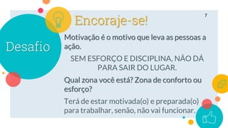 Desafio
7
Motivação é o motivo que leva as pessoas a
ação.
SEM ESFORÇO E DISCIPLINA, NÃO DÁ
PARA SAIR DO LUGAR.
Qual zona você está? Zona de conforto ou
esforço?
Terá de estar motivada(o) e preparada(o)
para trabalhar, senão, não vai funcionar.
Encoraje-se!
 