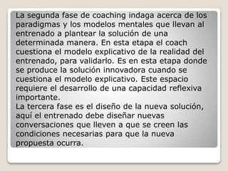 La segunda fase de coaching indaga acerca de los
paradigmas y los modelos mentales que llevan al
entrenado a plantear la solución de una
determinada manera. En esta etapa el coach
cuestiona el modelo explicativo de la realidad del
entrenado, para validarlo. Es en esta etapa donde
se produce la solución innovadora cuando se
cuestiona el modelo explicativo. Este espacio
requiere el desarrollo de una capacidad reflexiva
importante.
La tercera fase es el diseño de la nueva solución,
aquí el entrenado debe diseñar nuevas
conversaciones que lleven a que se creen las
condiciones necesarias para que la nueva
propuesta ocurra.
 