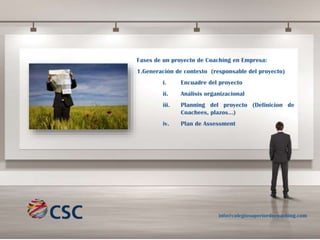Fases de un proyecto de Coaching en Empresa:
1.Generación de contexto (responsable del proyecto)
i.

Encuadre del proyecto

ii.

Análisis organizacional

iii.

Planning del proyecto (Definicion de
Coachees, plazos…)

iv.

Plan de Assessment

info@colegiosuperiordecoaching.com

 