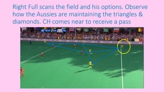 Right Full scans the field and his options. Observe
how the Aussies are maintaining the triangles &
diamonds. CH comes near to receive a pass
 