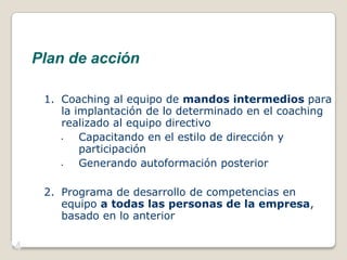 ¿En qué consiste el coaching de equipo directivo?Se facilita el desarrollo de alternativas mediante: 