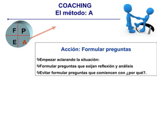 Acción: Formular preguntas
Empezar aclarando la situación:
Formular preguntas que exijan reflexión y análisis
Evitar formular preguntas que comiencen con ¿por qué?.
P
E A
F
COACHING
El método: A
 