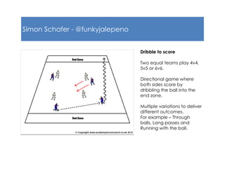 Simon Schafer - @funkyjalepeno
Dribble to score
Two equal teams play 4v4,
5v5 or 6v6.
Directional game where
both sides score by
dribbling the ball into the
end zone.
Multiple variations to deliver
different outcomes.
For example – Through
balls, Long passes and
Running with the ball.
 