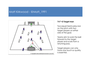 Matt Kirkwood - @Matt_1991
7v7 +2 Target man
Two equal teams play 6v6
on the pitch with two
target players on either
side of the goal.
Teams aim to work the ball
forward to the target
player and score from a
returning pass.
Target players can only
have one touch so quality
is essential.
 
