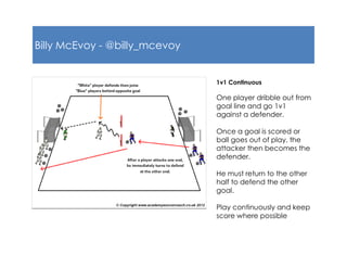 Billy McEvoy - @billy_mcevoy
1v1 Continuous
One player dribble out from
goal line and go 1v1
against a defender.
Once a goal is scored or
ball goes out of play, the
attacker then becomes the
defender.
He must return to the other
half to defend the other
goal.
Play continuously and keep
score where possible
 