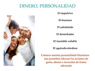 DINERO, PERSONALIDAD El impulsivo El buenazo El sabelotodo El derrochador El inestable voluble El agarrado-miedoso Conocer nuestra personalidad financiera nos permitirá adecuar las acciones de gasto, ahorro e inversión de forma adecuada 