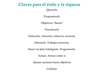 Claves para el éxito y la riqueza Quererlo Proponérselo Objetivos “Smart” Visualizarlo Enfocarlo. Atención, esfuerzo, recursos Afirmarlo. Trabajar creencias  Hacer un plan inteligente. Programarlo. Actuar. Actuar como si Ajustar acciones hacia objetivos Celebrar Expandir la riqueza. Contribuir 