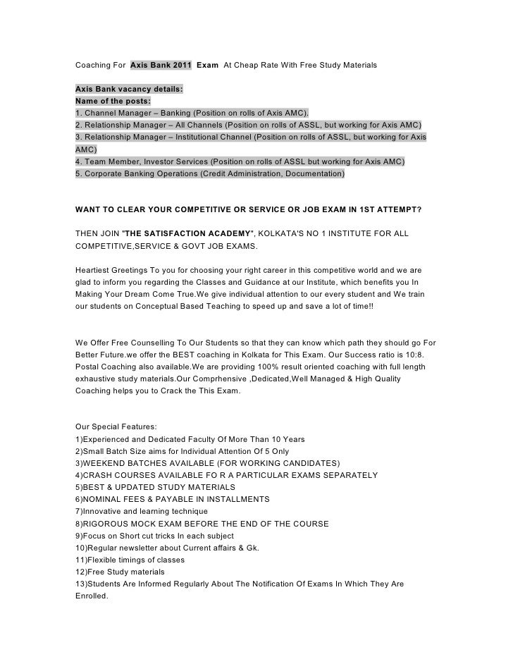 Coaching For Axis Bank 2011 Exam At Cheap Rate With Free Study Mat