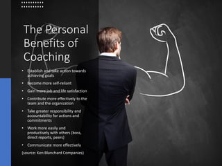 The Personal
Benefits of
Coaching
• Establish and take action towards
achieving goals
• Become more self-reliant
• Gain more job and life satisfaction
• Contribute more effectively to the
team and the organization
• Take greater responsibility and
accountability for actions and
commitments
• Work more easily and
productively with others (boss,
direct reports, peers)
• Communicate more effectively
(source: Ken Blanchard Companies)
 