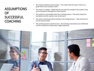 ASSUMPTIONS
OF
SUCCESSFUL
COACHING
• The coachee already has the answers – This means that the coach is there as a
guide rather than a problem solver.
• The coach is a catalyst – While they do not create the change in the coachee, they
are an assistant to helping them move forward.
• The coachee is accountable within the coaching process– The coach creates the
foundation, but the coachee must do the work.
• The coach is passionate about assisting in the change process – They are driven to
see the client succeed.
• The coaching process is built on trust – All coaching conversations are confidential
and the coach/client relationship is highly respected.
 