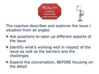 The coachee describes and explores the issue /
situation from all angles
Ask questions to open up different aspects of the...