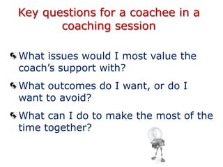 Key questions for a coachee in a
coaching session
What issues would I most value the coach’s support
with?
What outcomes d...