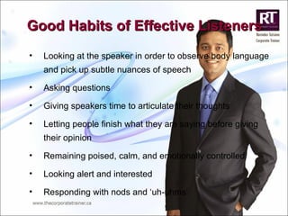 Good Habits of Effective Listeners Looking at the speaker in order to observe body language and pick up subtle nuances of speech Asking questions Giving speakers time to articulate their thoughts Letting people finish what they are saying before giving their opinion Remaining poised, calm, and emotionally controlled Looking alert and interested Responding with nods and ‘uh-uhms’ 