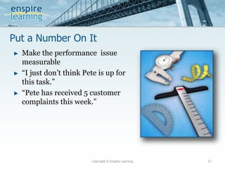 Put a Number On It
Copyright © Enspire Learning 17
► Make the performance issue
measurable
► “I just don’t think Pete is up for
this task.”
► “Pete has received 5 customer
complaints this week.”
 