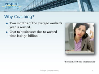Why Coaching?
Copyright © Enspire Learning 3
► Two months of the average worker’s
year is wasted.
► Cost to businesses due to wasted
time is $150 billion
(Source: Robert Hall International)
 