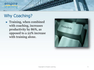 Why Coaching?
Copyright © Enspire Learning 5
► Training, when combined
with coaching, increases
productivity by 86%, as
opposed to a 22% increase
with training alone.
 