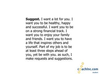 Suggest.  I want a lot for you. I want you to be healthy, happy and successful. I want you to be on a strong financial track. I want you to enjoy your family and friends. I want you to have a life that inspires others and yourself. Part of my job is to be at least three steps ahead of you, yet be with you. as such, I make requests and suggestions.  