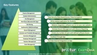 Key Features
A one stop solution for your Elite Institution!
Enquiry Management
Student Administration
Fee Management
Attendance (Biometric/On App)
File Sharing
Notifications (SMS/Email/App)
Alumni Management
Schedule and Timetable Management
Inventory Management
Employee Management
Teachers Management
Exam Management
Data Security (Role Based Access / Data Encryption)
White labeled application for Students
Website integration, software can run on your own website
Multiple Branch Management with Advance Reporting
Create any number of users with defined software Access
Feedback through App
YouTube Channel Integration on App
 