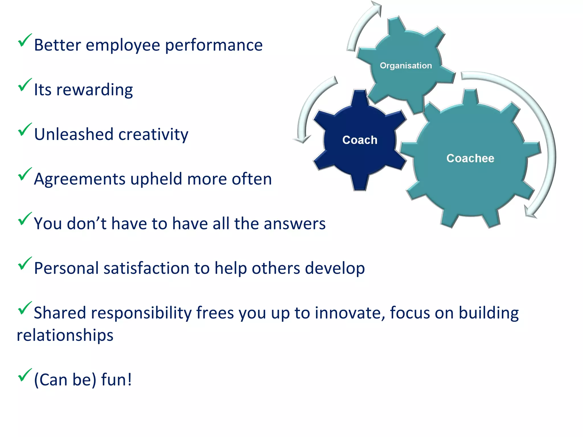 Better employee performance

Its rewarding

Unleashed creativity

Agreements upheld more often

You don’t have to have all the answers

Personal satisfaction to help others develop

Shared responsibility frees you up to innovate, focus on building
relationships

(Can be) fun!
 
