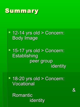 SummarySummary
 12-14 yrs old > Concern:12-14 yrs old > Concern:
Body ImageBody Image
 15-17 yrs old > Concern:15-17 yrs...