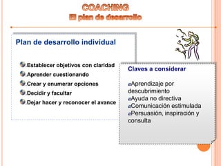 Plan de desarrollo individual
.Establecer objetivos con claridad
.Aprender cuestionando
.Crear y enumerar opciones
.Decidir y facultar
.Dejar hacer y reconocer el avance
Claves a considerar
Aprendizaje por
descubrimiento
Ayuda no directiva
Comunicación estimulada
Persuasión, inspiración y
consulta
 