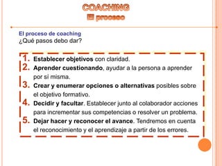 El proceso de coaching
¿Qué pasos debo dar?
1. Establecer objetivos con claridad.
2. Aprender cuestionando, ayudar a la persona a aprender
por sí misma.
3. Crear y enumerar opciones o alternativas posibles sobre
el objetivo formativo.
4. Decidir y facultar. Establecer junto al colaborador acciones
para incrementar sus competencias o resolver un problema.
5. Dejar hacer y reconocer el avance. Tendremos en cuenta
el reconocimiento y el aprendizaje a partir de los errores.
 