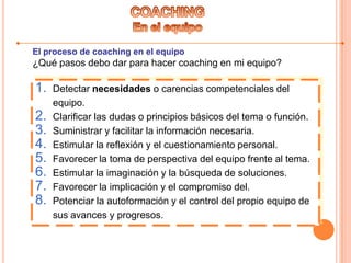 El proceso de coaching en el equipo
¿Qué pasos debo dar para hacer coaching en mi equipo?
1. Detectar necesidades o carencias competenciales del
equipo.
2. Clarificar las dudas o principios básicos del tema o función.
3. Suministrar y facilitar la información necesaria.
4. Estimular la reflexión y el cuestionamiento personal.
5. Favorecer la toma de perspectiva del equipo frente al tema.
6. Estimular la imaginación y la búsqueda de soluciones.
7. Favorecer la implicación y el compromiso del.
8. Potenciar la autoformación y el control del propio equipo de
sus avances y progresos.
 