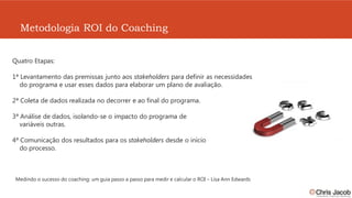 Metodologia ROI do Coaching


Quatro Etapas:

1ª Levantamento das premissas junto aos stakeholders para definir as necessidades
   do programa e usar esses dados para elaborar um plano de avaliação.

2ª Coleta de dados realizada no decorrer e ao final do programa.

3ª Análise de dados, isolando-se o impacto do programa de
   variáveis outras.

4ª Comunicação dos resultados para os stakeholders desde o início
   do processo.



 Medindo o sucesso do coaching: um guia passo a passo para medir e calcular o ROI – Lisa Ann Edwards
 