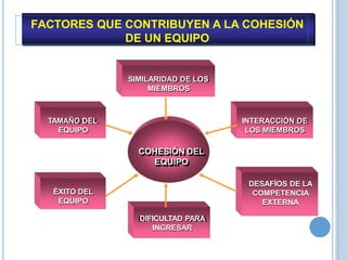 SIMILARIDAD DE LOS
MIEMBROS
TAMAÑO DEL
EQUIPO
INTERACCIÓN DE
LOS MIEMBROS
ÉXITO DEL
EQUIPO
DESAFÍOS DE LA
COMPETENCIA
EXTERNA
DIFICULTAD PARA
INGRESAR
COHESIÓN DEL
EQUIPO
FACTORES QUE CONTRIBUYEN A LA COHESIÓN
DE UN EQUIPO
 
