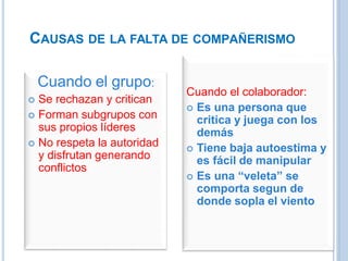 CAUSAS DE LA FALTA DE COMPAÑERISMO
Cuando el grupo:
 Se rechazan y critican
 Forman subgrupos con
sus propios líderes
 No respeta la autoridad
y disfrutan generando
conflictos
Cuando el colaborador:
 Es una persona que
critica y juega con los
demás
 Tiene baja autoestima y
es fácil de manipular
 Es una “veleta” se
comporta segun de
donde sopla el viento
 