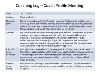 Coaching Log – Coach Profile Meeting
Date 16/12/2014
Location Worthing College
Discussion
points
During the meeting with Scott’s coach I explained firstly why the coaches input is
necessary within performance profiling and then went on to explaining the scale
and the importance of understanding the scale. I then gave him plenty of time to
think and score Scott out of 10 on all his traits for excellence.
Concerns My concerns with my coach meeting were quite different compared to my player
meeting. I was more concerned with the coach that they would forget the
meaning of the scale and in fact score Scott wrongly. Not that they did not
understand the scale, however just forgot of its importance. Because of this
concern I made sure that the coach completely understood why the scale is used
and it’s importance so no problems would have appeared.
Points for
future
discussion
Although I used the coaches scoring along with Scott’s and mine, I would have
liked to have sat and spoken to the coach again about whether he agreed with my
4 final strengths and my 4 final weaknesses I had decided. This would have
reassured me that my decisions were either correct, or that he thought I had
made a mistake.
Possible
actions
arising
I would like this meeting as described in the last section to take place where we
can discuss the strengths and weaknesses decided for that feeling of reassurance
or advice.
 