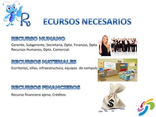 Escritorios, sillas, infraestructura, equipos  de computo. Gerente, Subgerente, Secretaria, Dpto. Finanzas, Dpto. Recursos Humanos, Dpto. Comercial. Recurso financiero ajeno, Créditos.  