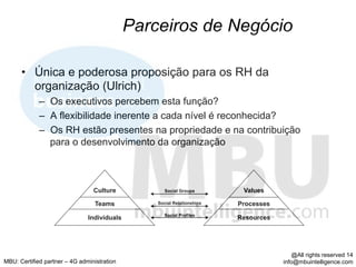 Parceiros de Negócio

      •  Única e poderosa proposição para os RH da
         organização (Ulrich)
             –  Os executivos percebem esta função?
             –  A flexibilidade inerente a cada nível é reconhecida?
             –  Os RH estão presentes na propriedade e na contribuição
                para o desenvolvimento da organização



                                 Culture            Social Groups        Values

                                  Teams          Social Relationships   Processes
                                                   Social Profiles
                               Individuals                              Resources




                                                                                        @All rights reserved 14
MBU: Certified partner – 4G administration                                          info@mbuintelligence.com
 