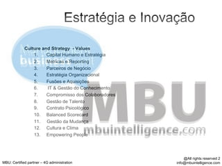 Estratégia e Inovação

             Culture and Strategy - Values
                 1.    Capital Humano e Estratégia
                 2.    Metricas e Reporting
                 3.    Parceiros de Negócio
                 4.    Estratégia Organizacional
                 5.    Fusões e Aquisições
                 6.    IT & Gestão do Conhecimento
                 7.    Compromisso dos Colaboradores
                 8.    Gestão de Talento
                 9.    Contrato Psicológico
                 10.  Balanced Scorecard
                 11.  Gestão da Mudança
                 12.  Cultura e Clima
                 13.  Empowering People




                                                           @All rights reserved 2
MBU: Certified partner – 4G administration             info@mbuintelligence.com
 