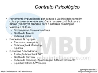 Contrato Psicológico

      •  Fortemente impulsionado por cultura e valores mas também
         cobre processes e recursos. Cada recurso contribui para a
         marca (employer brand) e para o contrato psicológico
      •  Valores e Cultura
             –  Compromisso dos colaboradores
             –  Gestão de Talento
             –  Cultura & Clima
      •  Processos & Equipas
             –  Processos de negócio
             –  Colaboração & Mentoring
             –  Equipas
      •  Recursos & Indivíduos
             –    Avaliação & feedback 360`
             –    Gestão de Carreira
             –    Cultura de Coaching, Aprendizagem & Desenvolvimento
             –    Equilíbrio: Stress & Work-Life

                                                                            @All rights reserved 23
MBU: Certified partner – 4G administration                              info@mbuintelligence.com
 