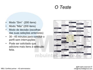 O Teste


      •  Modo “Sim” (200 itens)
      •  Modo “Não” (200 itens)
      •  Modo de decisão (escolhas
         das suas seleções anteriores)
      •  30 - 45 minutos para concluir o
         perfil sem interrupções
      •  Pode ser solicitado que
         adicione mais itens à selecção
         feita.




                                                           @All rights reserved 37
MBU: Certified partner – 4G administration             info@mbuintelligence.com
 
