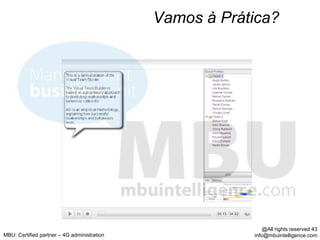 Vamos à Prática?




                                                             @All rights reserved 43
MBU: Certified partner – 4G administration               info@mbuintelligence.com
 